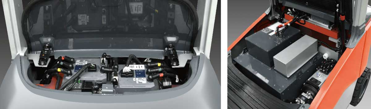 pozitionare sistem electric deasupra bateriei CPD18-GB2LI-S, Carrello elevatore elettrico 1.800 kg, montante duplex, cabina con vetro frontale
